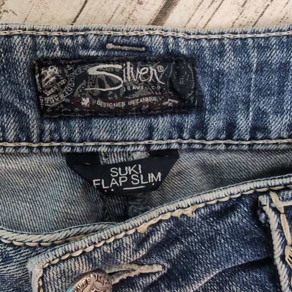 Silver Jeans Co. Suki Flap Slim Distressed Blue Denim Jeans – Women’s W33 L31 - Picture 8 of 14